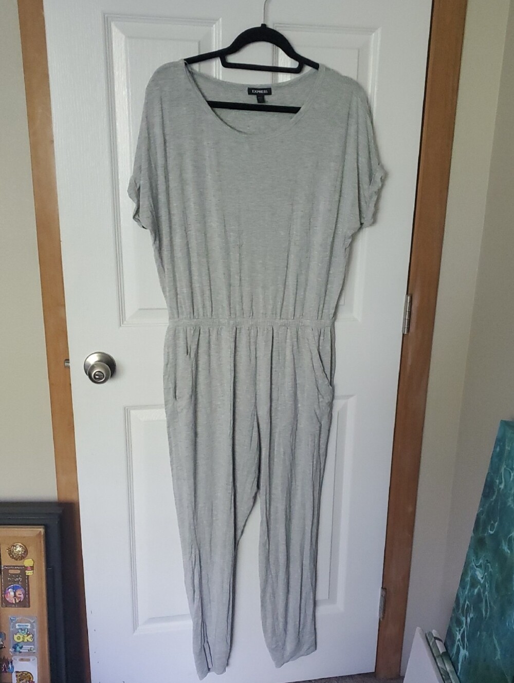 2/$10 Express Light Gray Short-Sleeve Knit Jumpsuit